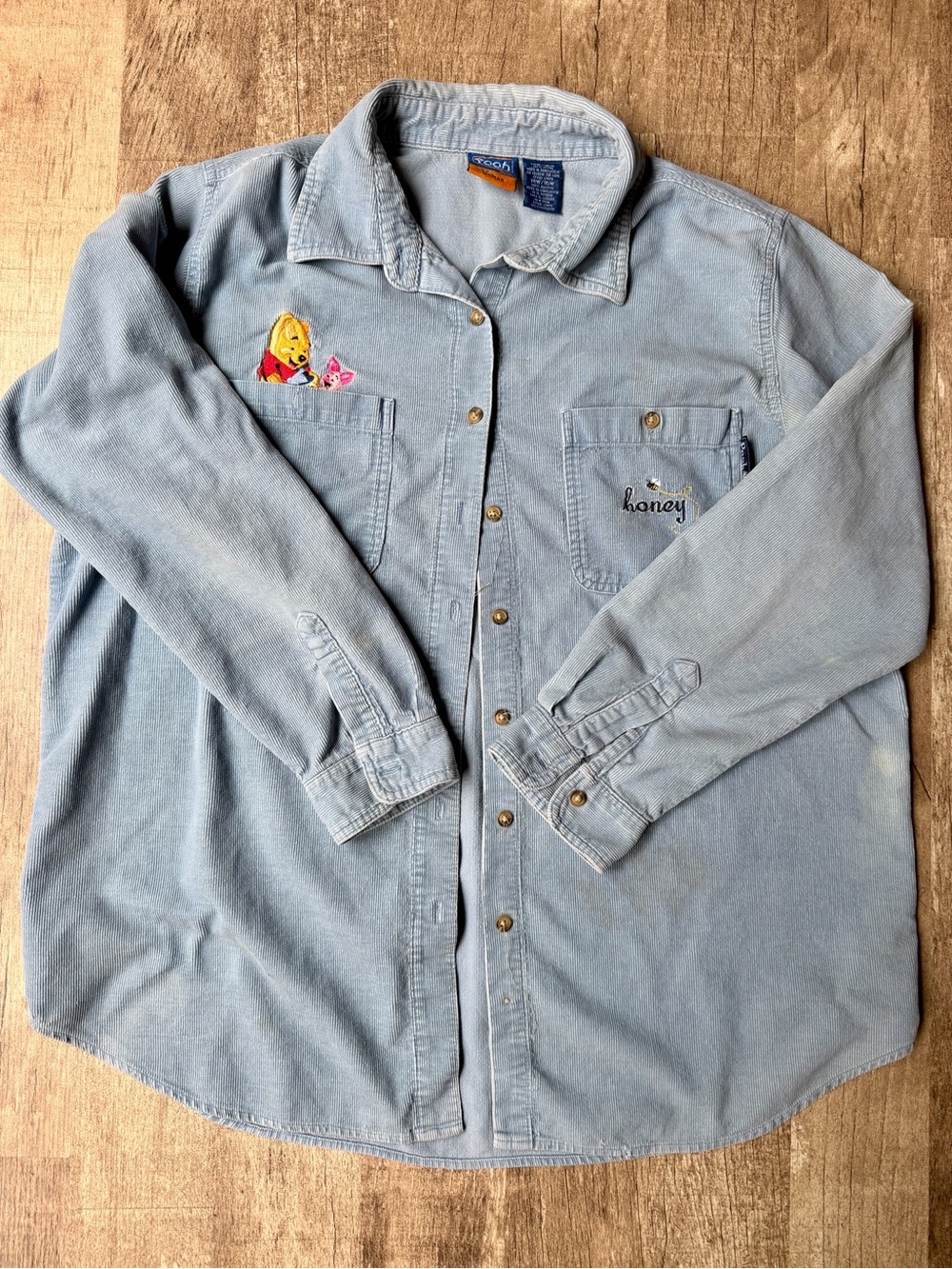 Vintage Pooh & Piglet Embroidered Light Blue Corduroy Shirt